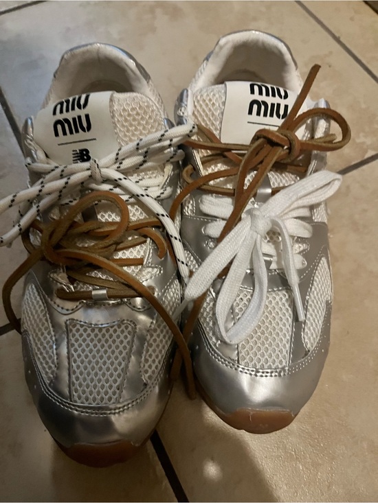 New Balance Shoes - Miu Miu  Silver Mesh & Leather Sneakers - Silver/Brown